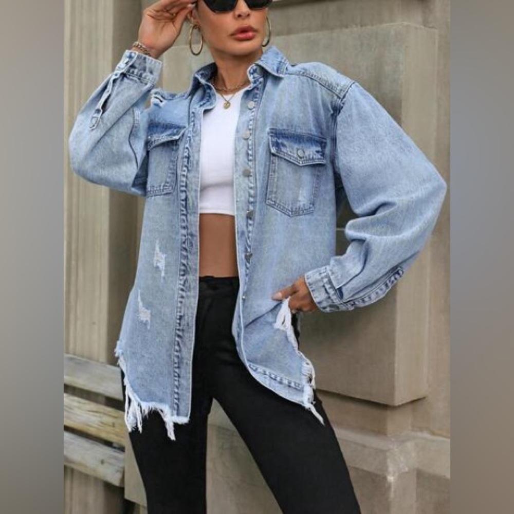 Distressed long denim jacket